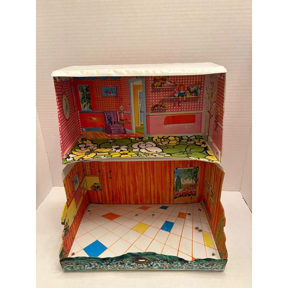 Vintage Ideal Toy Corp Vinyl Doll Case House Graphic Red Roof Blue Door
